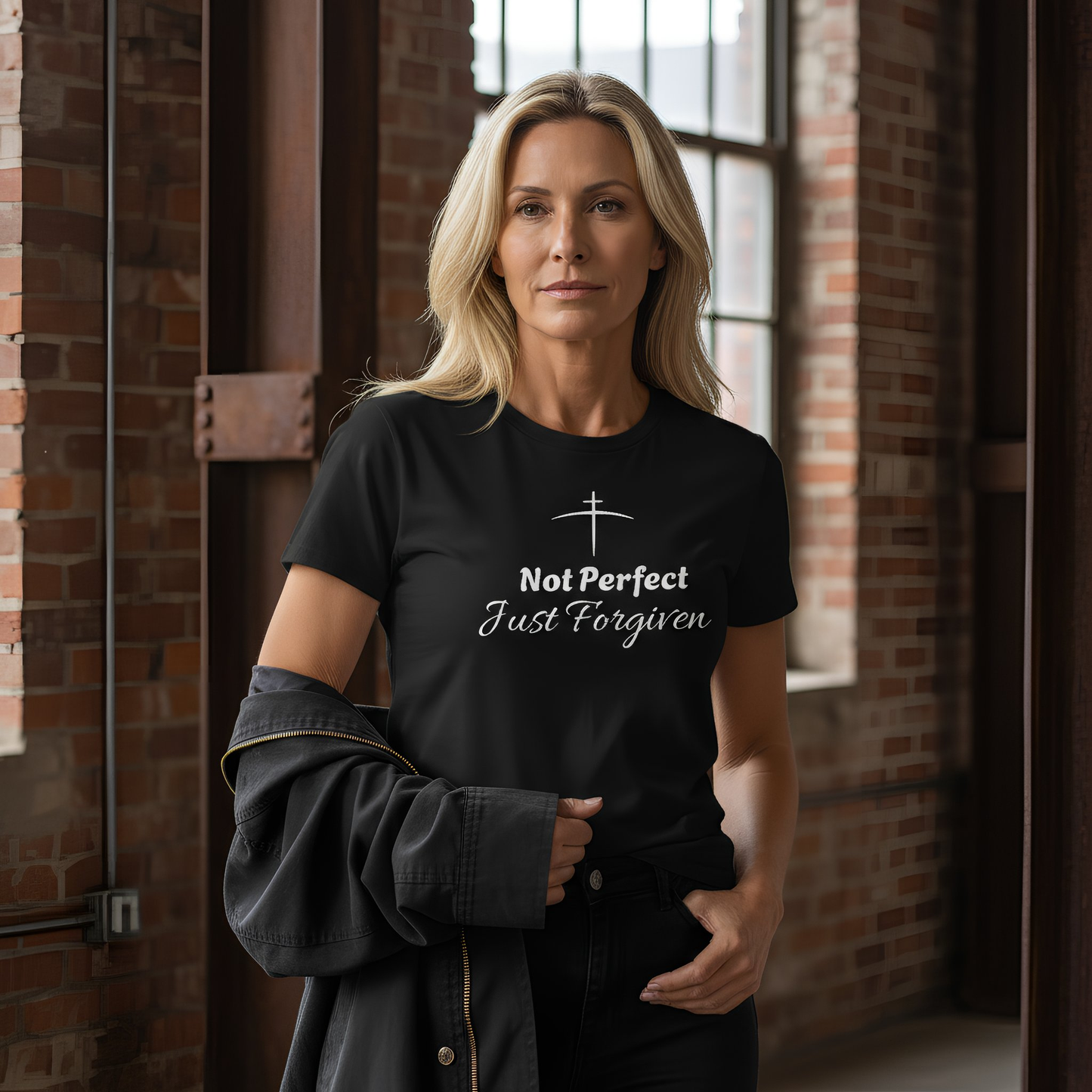 Woman wearing a black t-shirt with text in an industrial setting