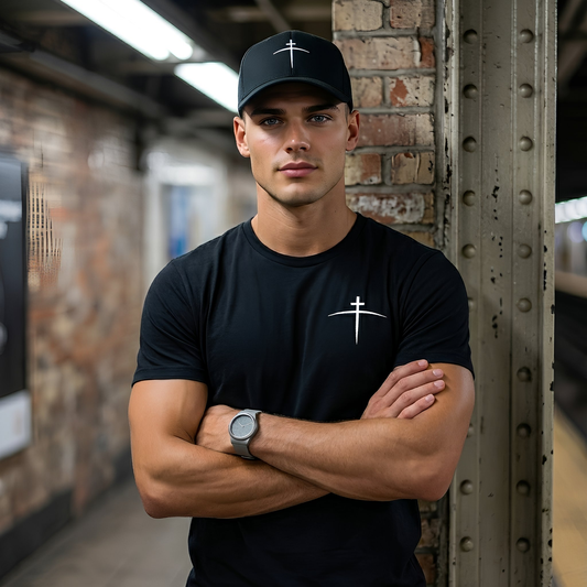 Man wearing a black t-shirt and cap with a cross design, standing against a brick wall.