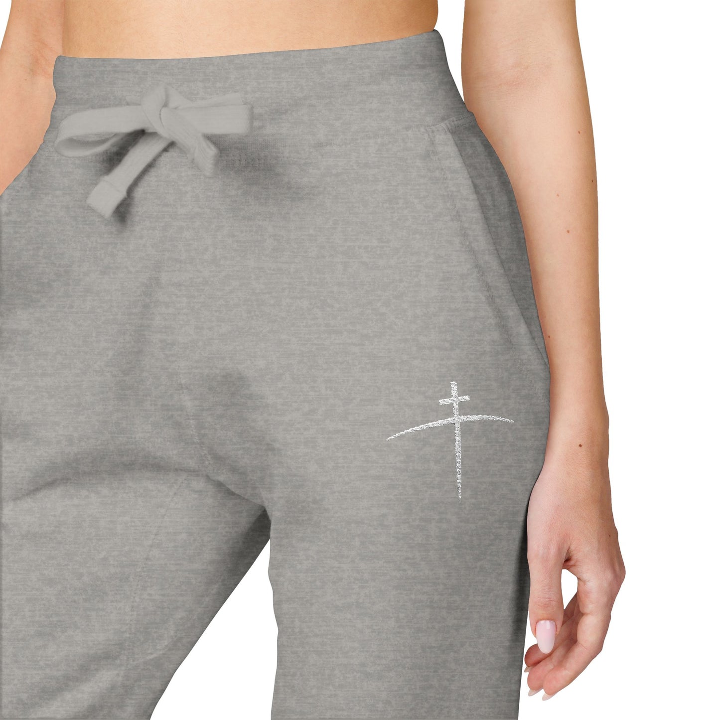 Embroidered Cross on the horizon Sweatpants — Minimalist Faith Fleece Joggers