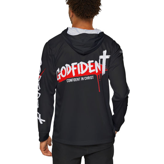 Person wearing a black hoodie with red and white text on the back, standing against a white background.