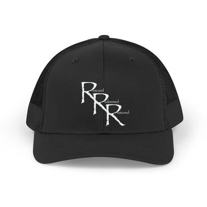 Retro RRR Embroidered Trucker Hat — Vintage Distressed Logo Cap (Black)