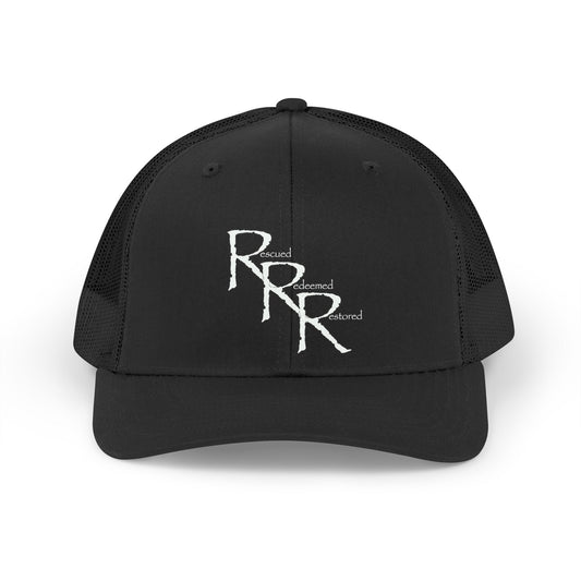 Retro RRR Embroidered Trucker Hat — Vintage Distressed Logo Cap (Black)