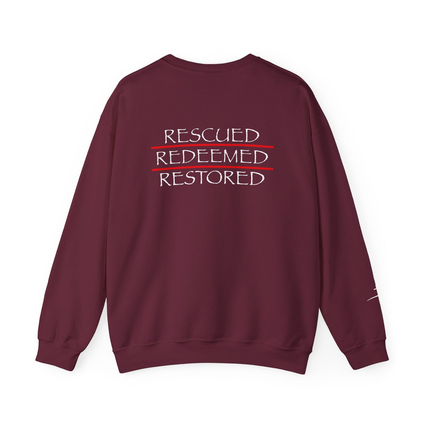 Rescued Redeemed Restored Embroidery Chest / Print Back Crewneck Sweatshirt (Maroon)