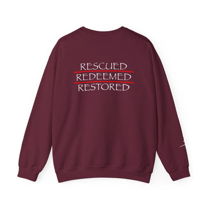Rescued Redeemed Restored Embroidery Chest / Print Back Crewneck Sweatshirt (Maroon)