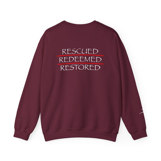 Rescued Redeemed Restored Embroidery Chest / Print Back Crewneck Sweatshirt (Maroon)