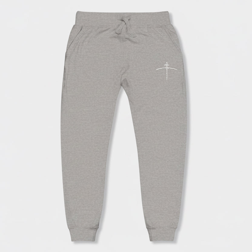 Embroidered Cross on the horizon Sweatpants — Minimalist Faith Fleece Joggers