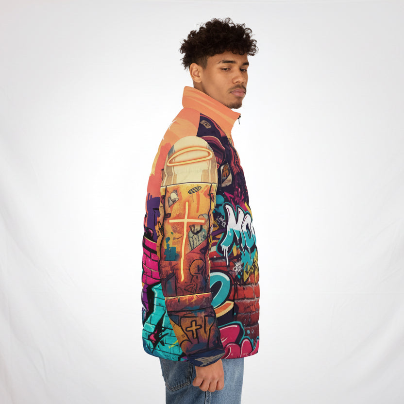 Person wearing a colorful graffiti-style jacket on a white background