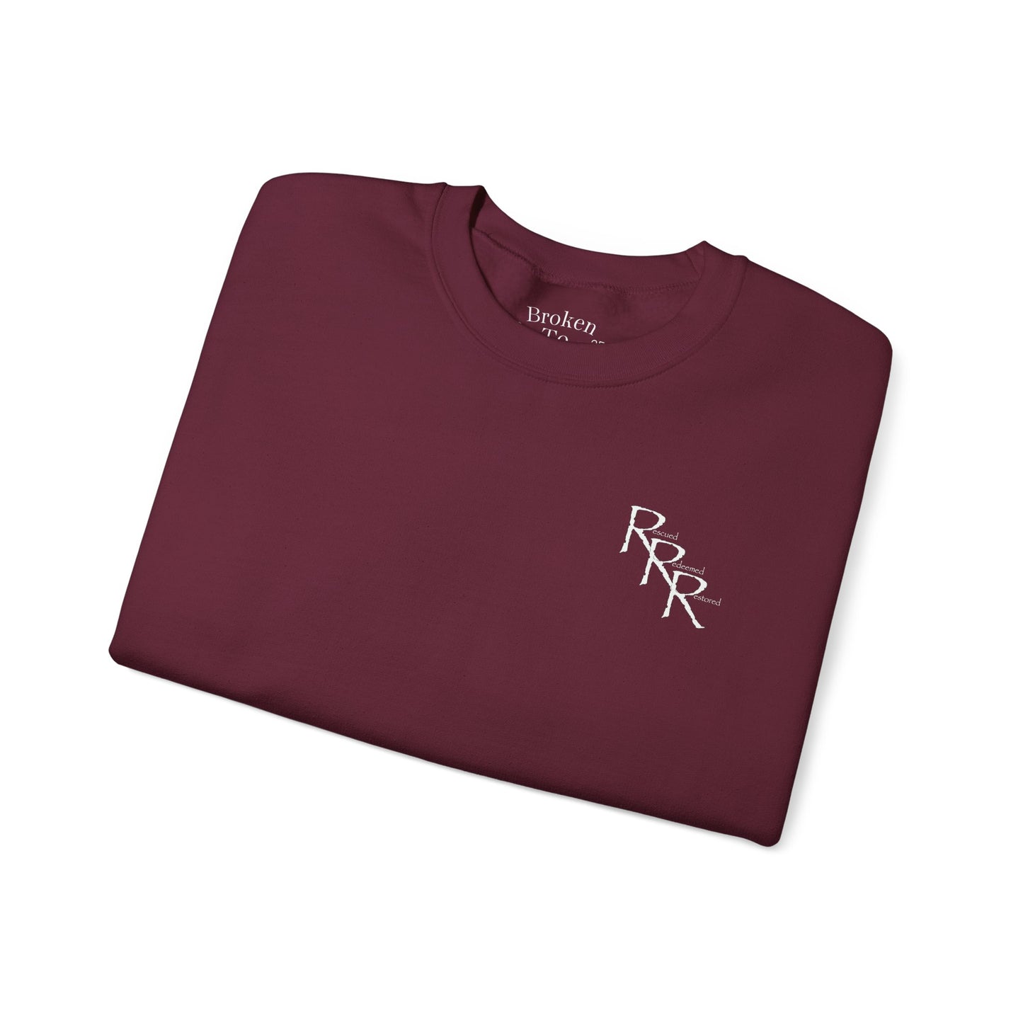 Rescued Redeemed Restored Embroidery Chest / Print Back Crewneck Sweatshirt (Maroon)