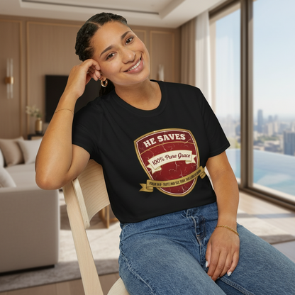 He Saves T-Shirt – “100% Pure Grace” Christian Faith Tee