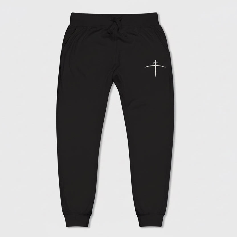 Embroidered Cross on the horizon Sweatpants — Minimalist Faith Fleece Joggers