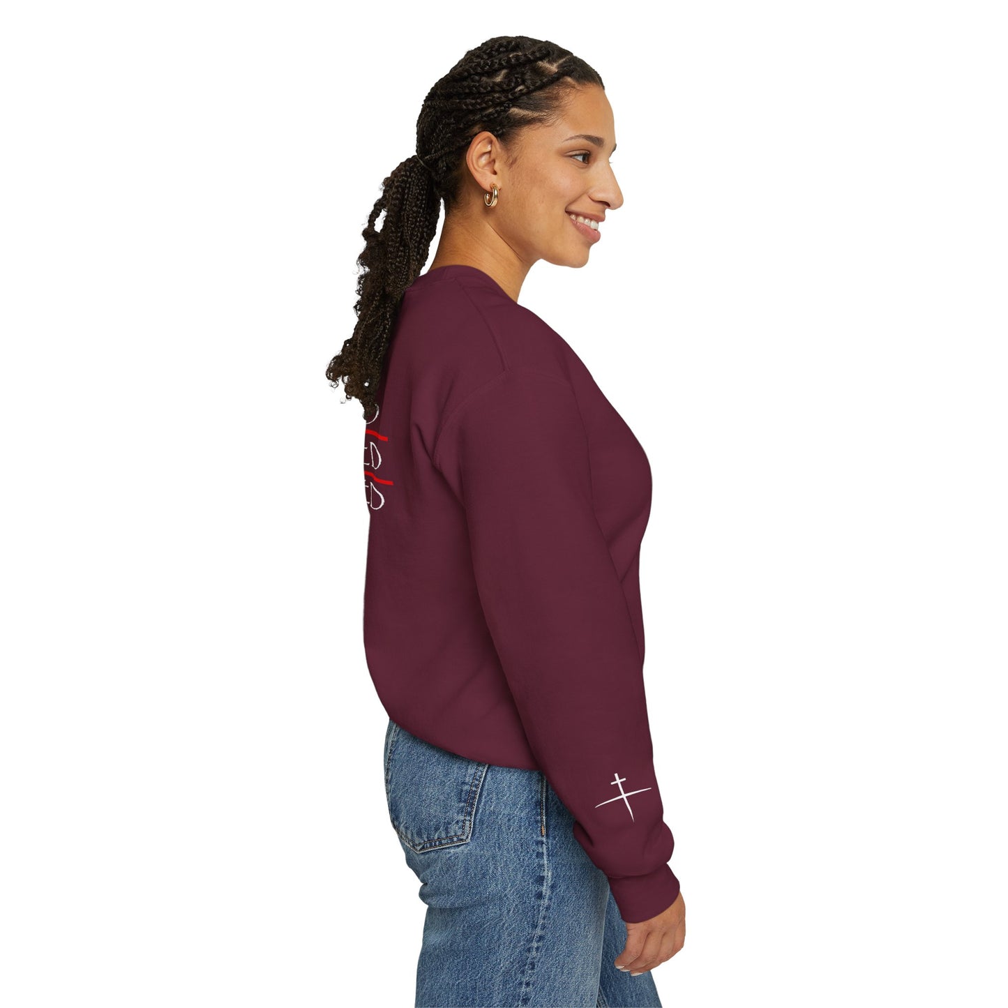 Rescued Redeemed Restored Embroidery Chest / Print Back Crewneck Sweatshirt (Maroon)