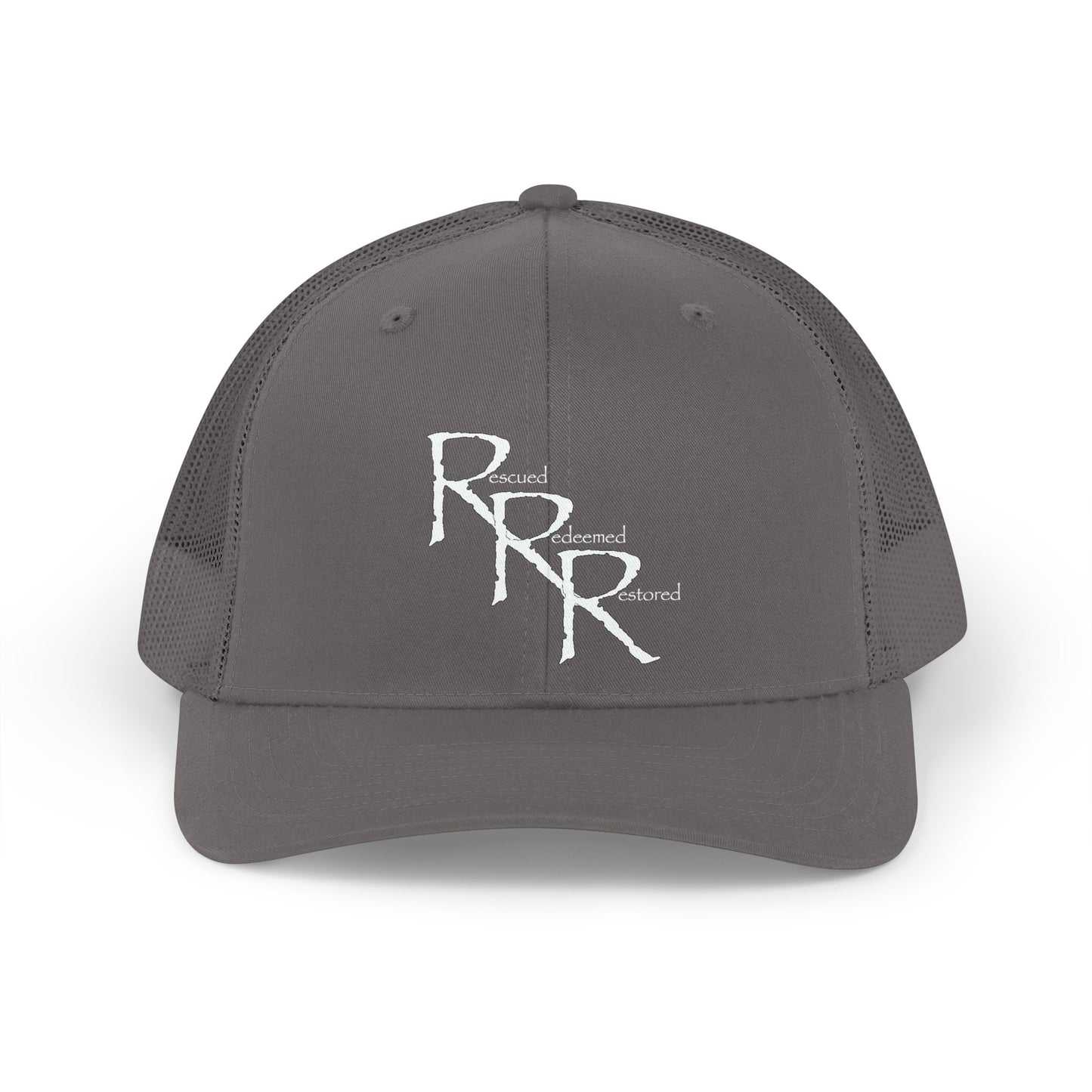 Retro RRR Embroidered Trucker Hat — Vintage Distressed Logo Cap (Charcoal)