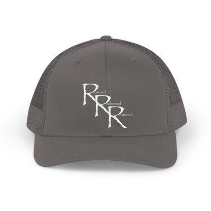 Retro RRR Embroidered Trucker Hat — Vintage Distressed Logo Cap (Charcoal)
