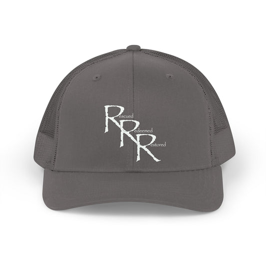 Retro RRR Embroidered Trucker Hat — Vintage Distressed Logo Cap (Charcoal)
