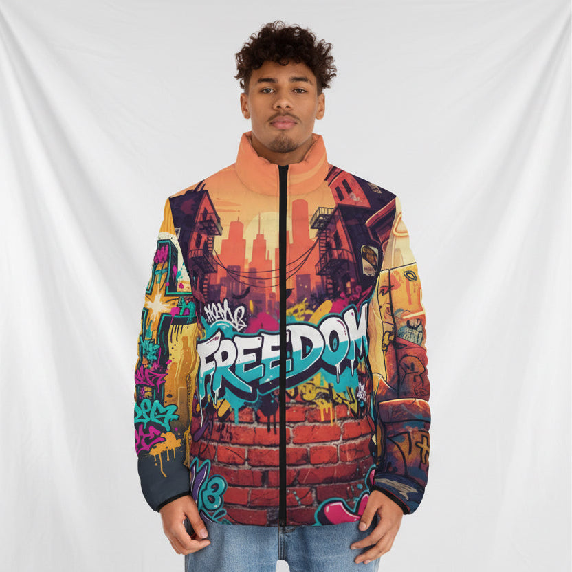Person wearing a colorful graffiti-style jacket with 'Freedom' text on a white background