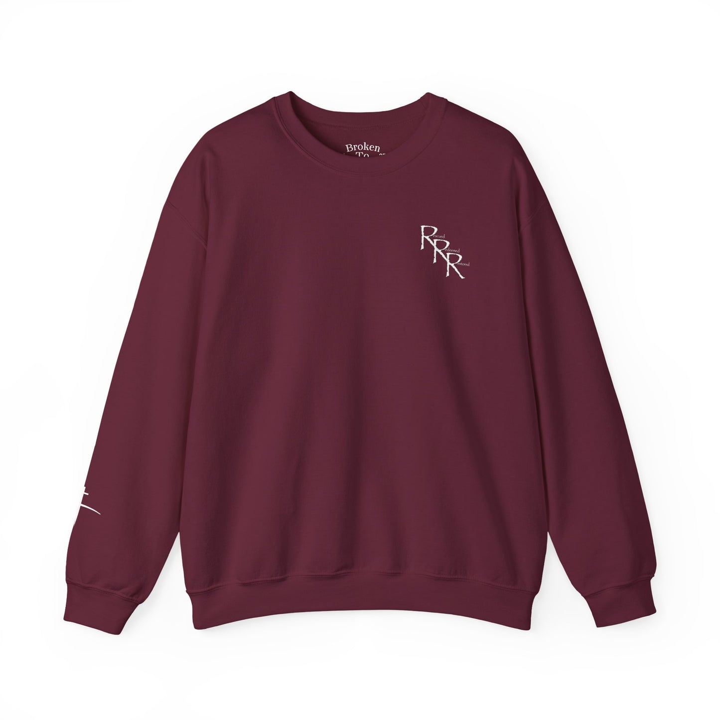 Rescued Redeemed Restored Embroidery Chest / Print Back Crewneck Sweatshirt (Maroon)