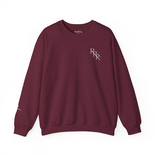Rescued Redeemed Restored Embroidery Chest / Print Back Crewneck Sweatshirt (Maroon)