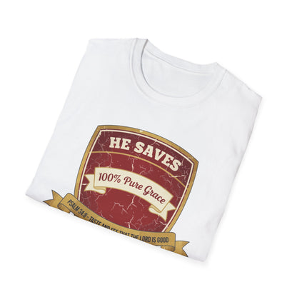 He Saves T-Shirt – “100% Pure Grace” Christian Faith Tee
