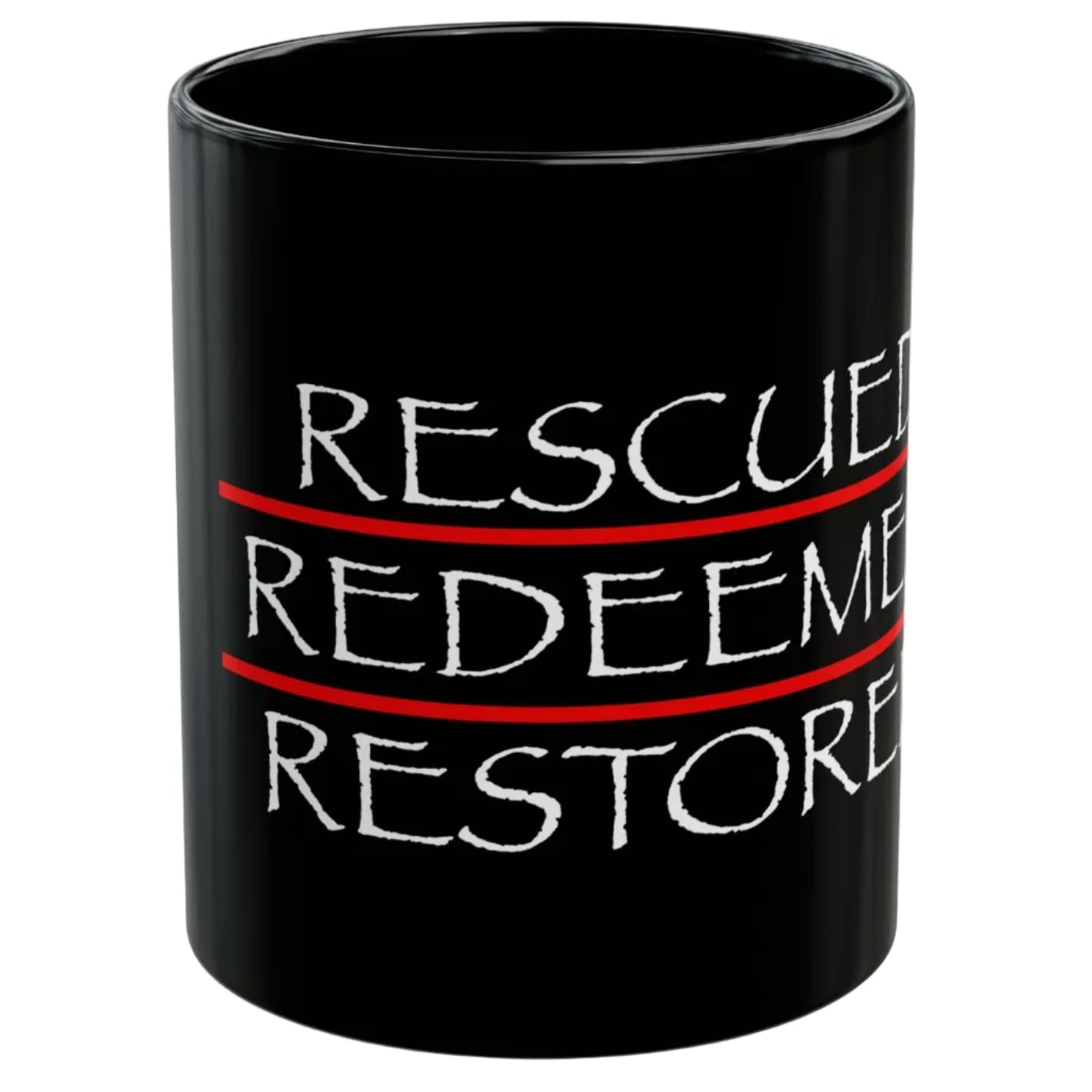 Black mug with 'Rescued Redeemed Restored' text on a white background