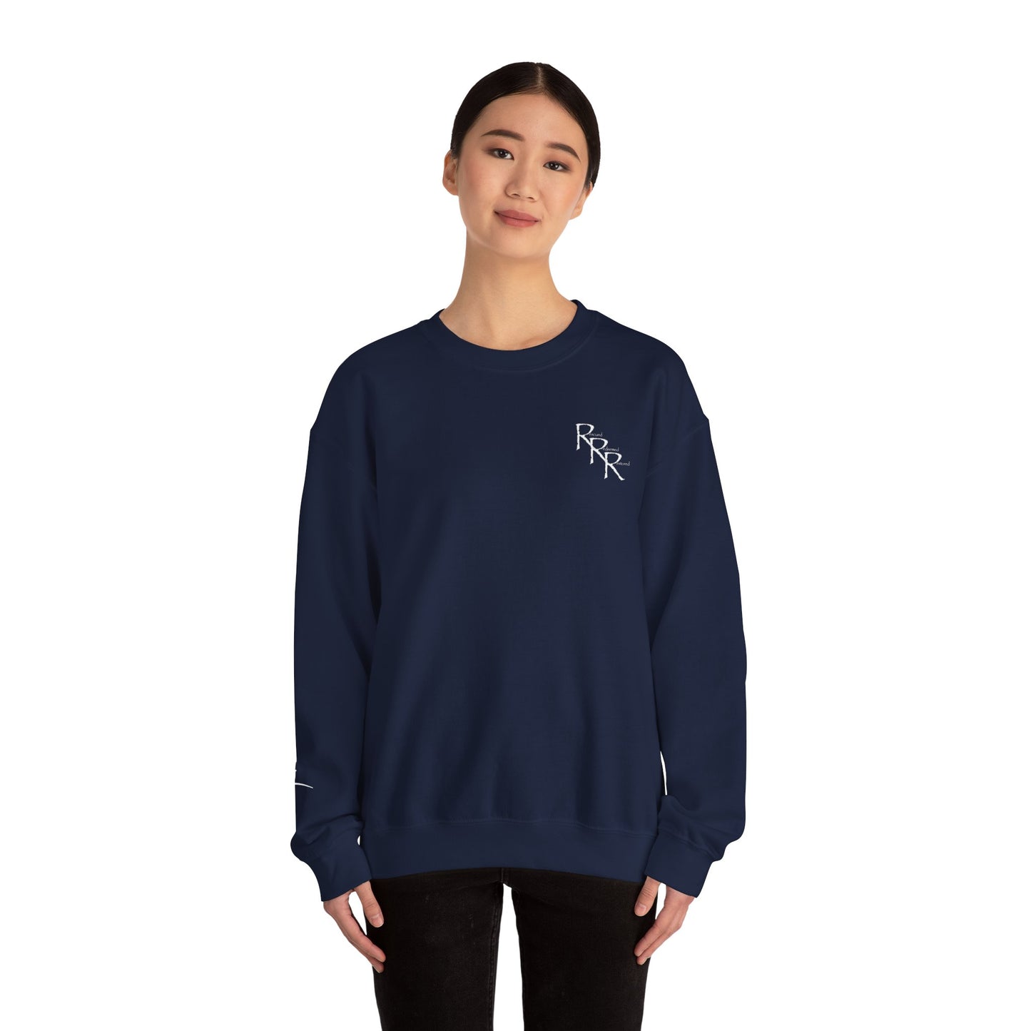 Rescued Redeemed Restored Embroidery Chest, Printed Back Crewneck Sweatshirt (Navy)
