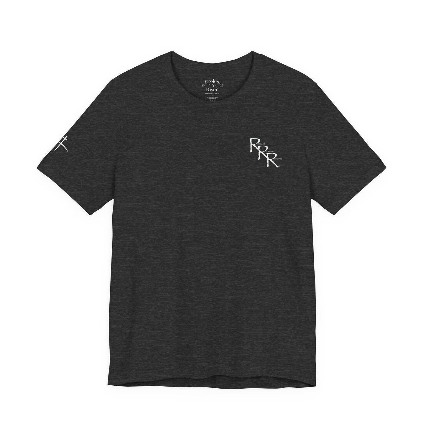 Rescued Redeemed Restored Tee (Dark Heather Grey) | Broken to Risen Co.