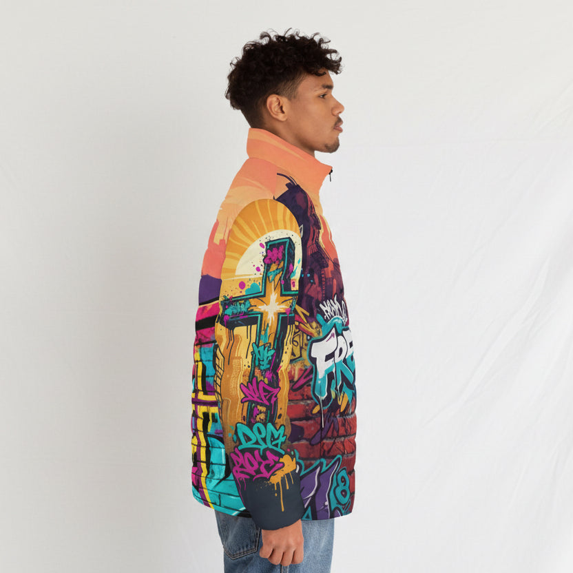 Person wearing a colorful jacket with graffiti-style designs on a white background