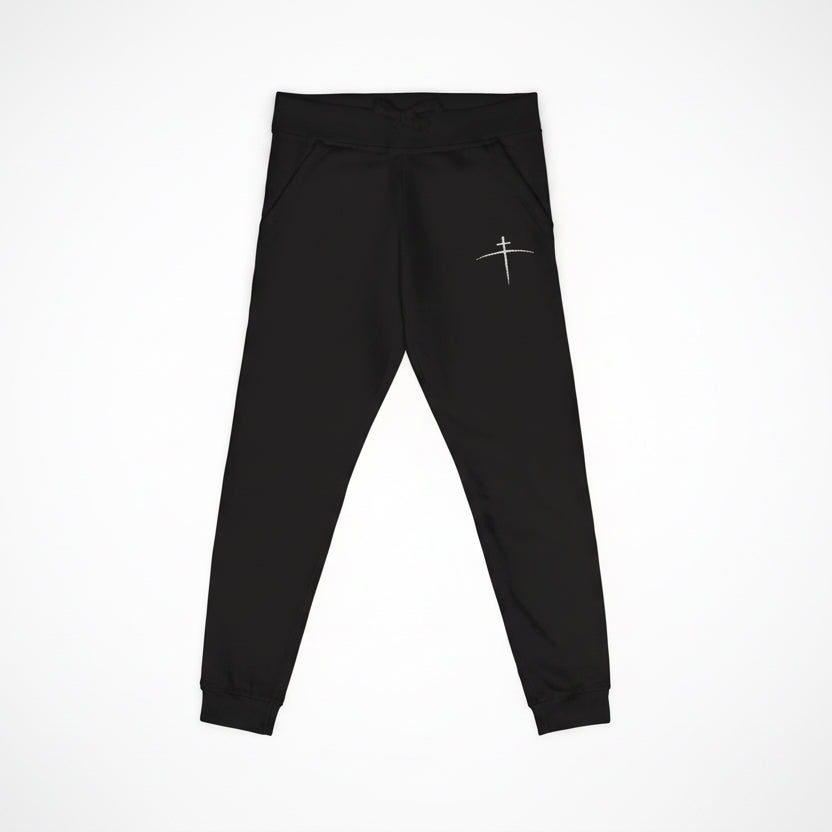 Embroidered Cross on the horizon Sweatpants — Minimalist Faith Fleece Joggers
