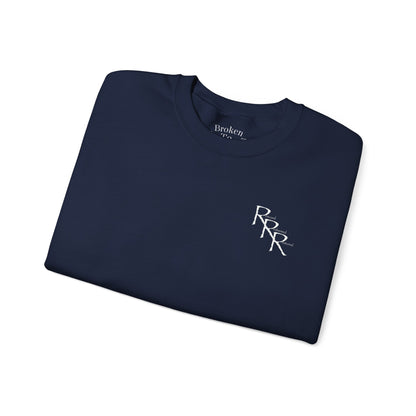 Rescued Redeemed Restored Embroidery Chest, Printed Back Crewneck Sweatshirt (Navy)