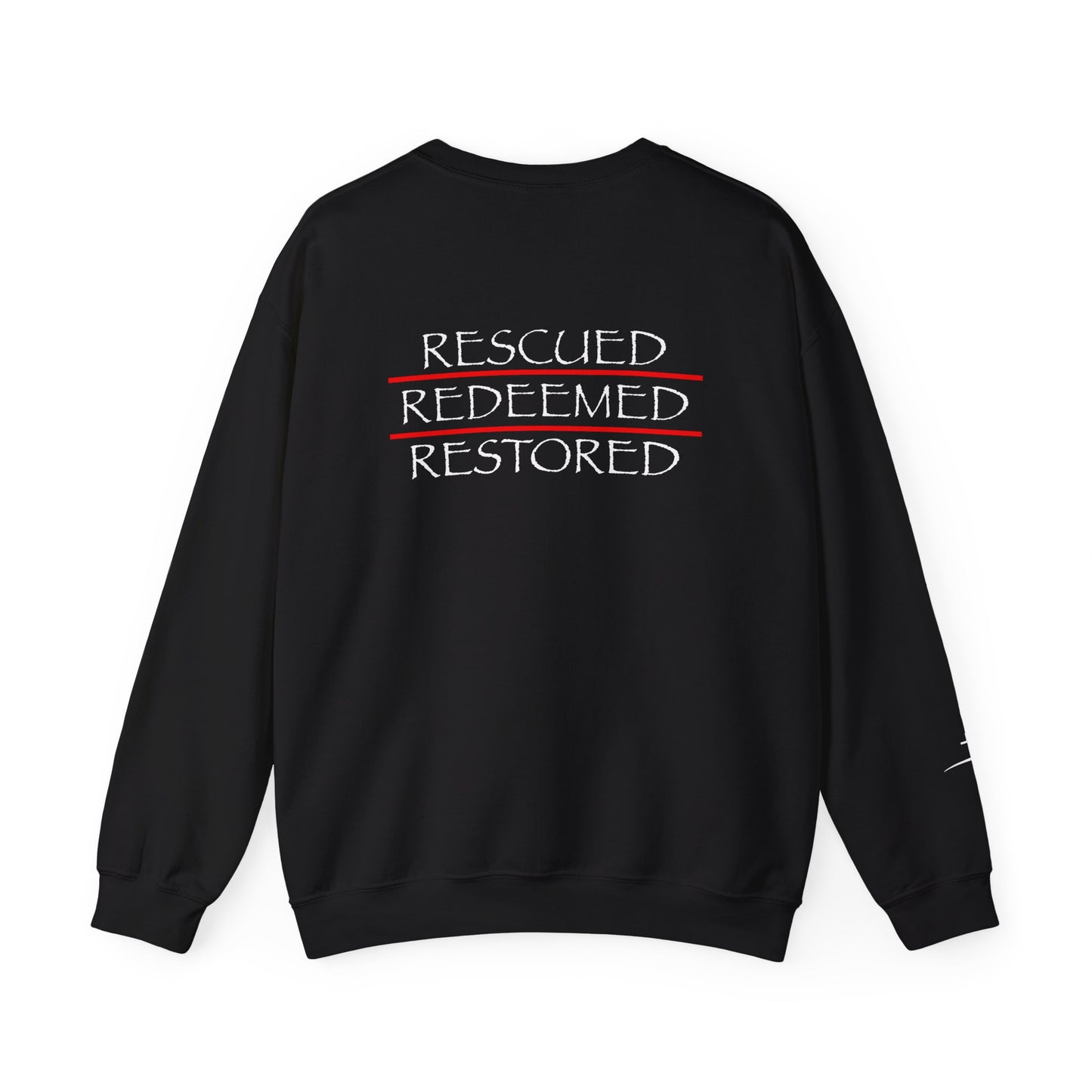 Rescued Redeemed Restored Embroidery Chest Printed Back Crewneck Sweatshirt