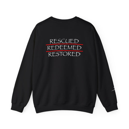 Rescued Redeemed Restored Embroidery Chest Printed Back Crewneck Sweatshirt