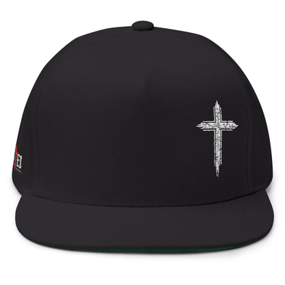 Black cap with a white cross design on a white background