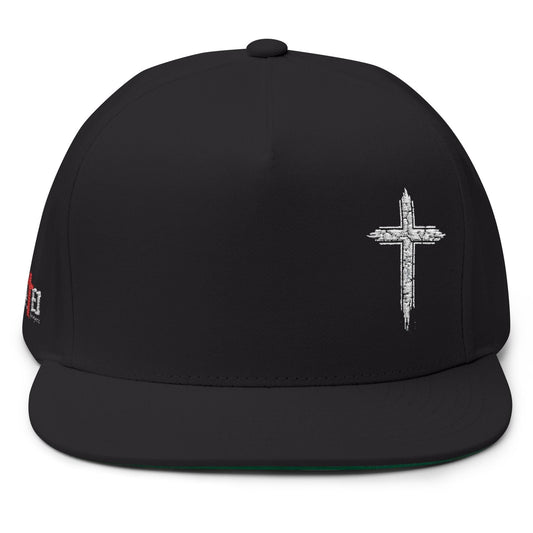 Black cap with a white cross design on a white background