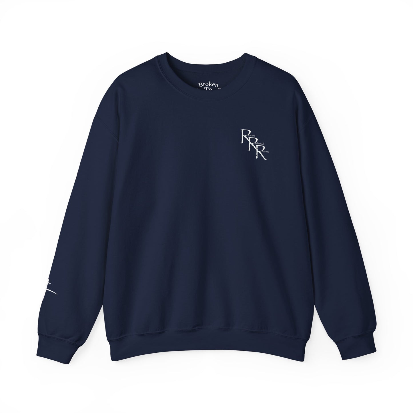 Rescued Redeemed Restored Embroidery Chest, Printed Back Crewneck Sweatshirt (Navy)