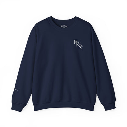 Rescued Redeemed Restored Embroidery Chest, Printed Back Crewneck Sweatshirt (Navy)