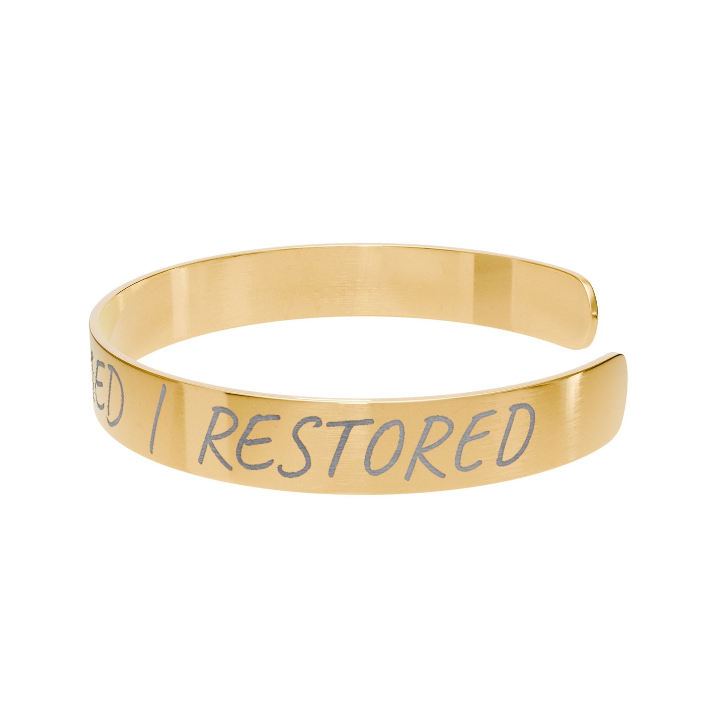 Engraved 'Rescued • Redeemed • Restored' Gold Cuff Bracelet, Inspirational Faith Jewelry