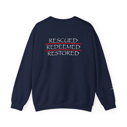 Rescued Redeemed Restored Embroidery Chest, Printed Back Crewneck Sweatshirt (Navy)