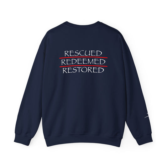Rescued Redeemed Restored Embroidery Chest, Printed Back Crewneck Sweatshirt (Navy)