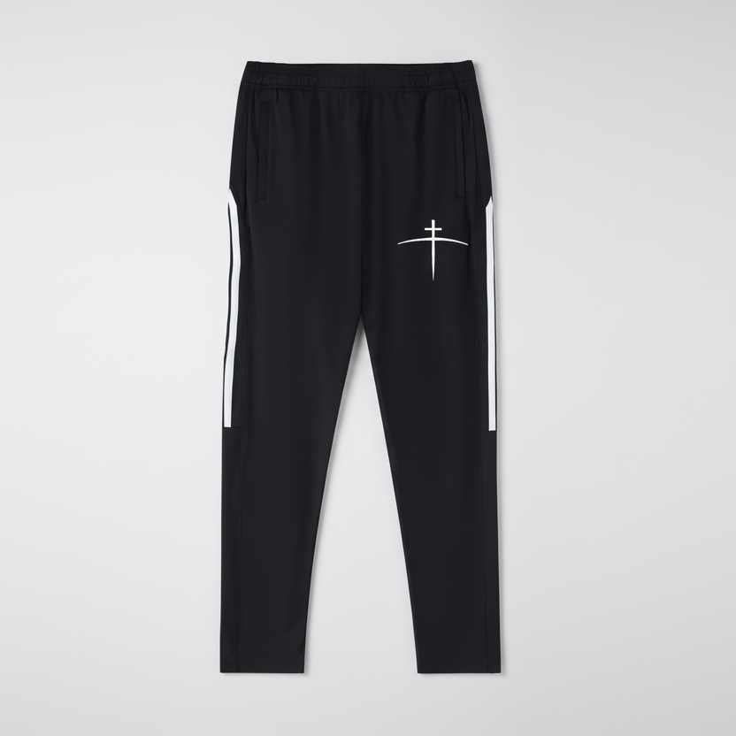 Black pants with a white cross design on a light gray background