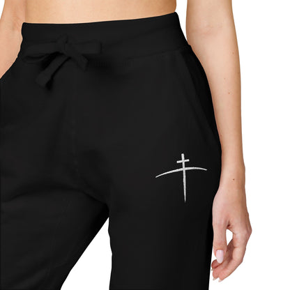Embroidered Cross on the horizon Sweatpants — Minimalist Faith Fleece Joggers