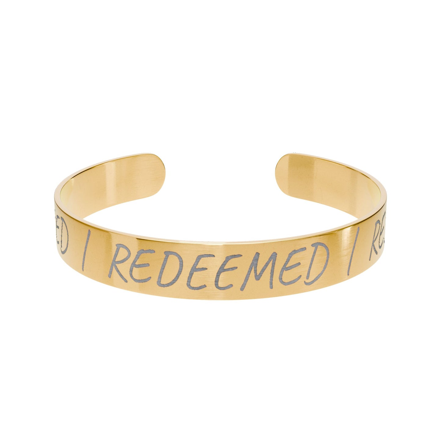 Engraved 'Rescued • Redeemed • Restored' Gold Cuff Bracelet, Inspirational Faith Jewelry