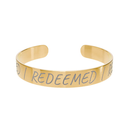 Engraved 'Rescued • Redeemed • Restored' Gold Cuff Bracelet, Inspirational Faith Jewelry