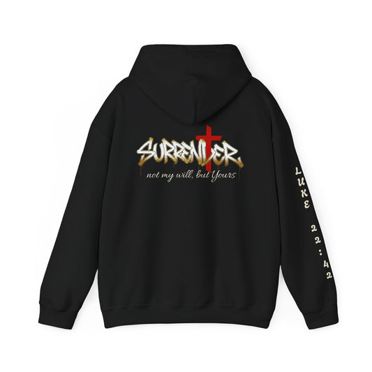 Black hoodie with 'Surrender' text and cross design on the back, on a white background.