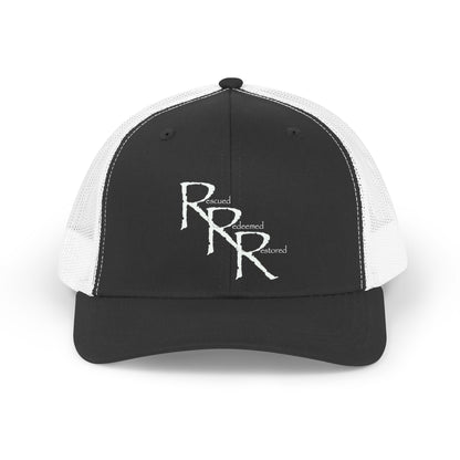 Retro RRR Embroidered Trucker Hat — Vintage Distressed Logo Cap (Black/White)