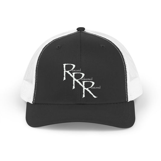Retro RRR Embroidered Trucker Hat — Vintage Distressed Logo Cap (Black/White)