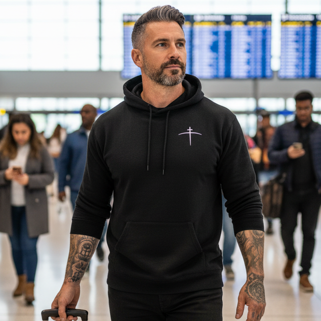Man in a black hoodie with a cross design walking through an airport terminal.