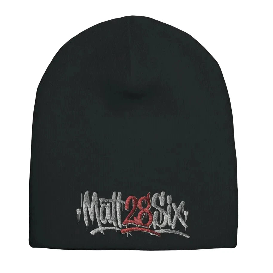 Black beanie with 'Matt28Six' embroidery on a white background