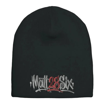 Black beanie with 'Matt28Six' embroidery on a white background