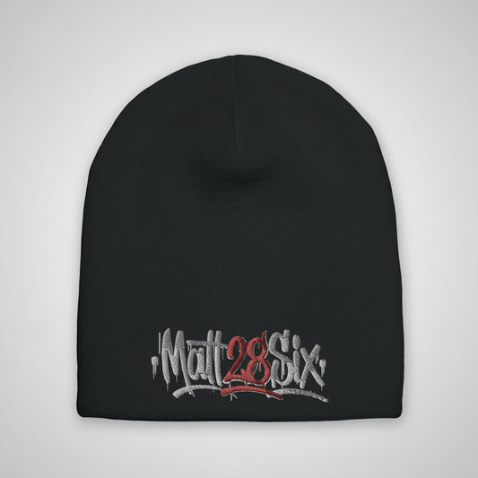 Black beanie with 'Matt28Six' embroidery on a white background