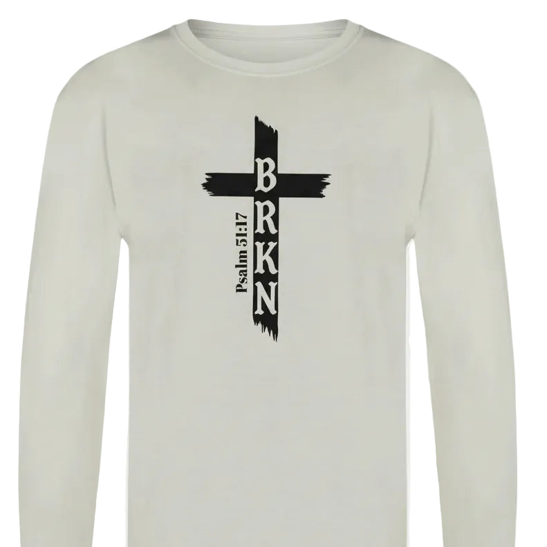White long-sleeve shirt with black cross and text design on a white background
