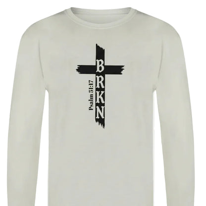 White long-sleeve shirt with black cross and text design on a white background